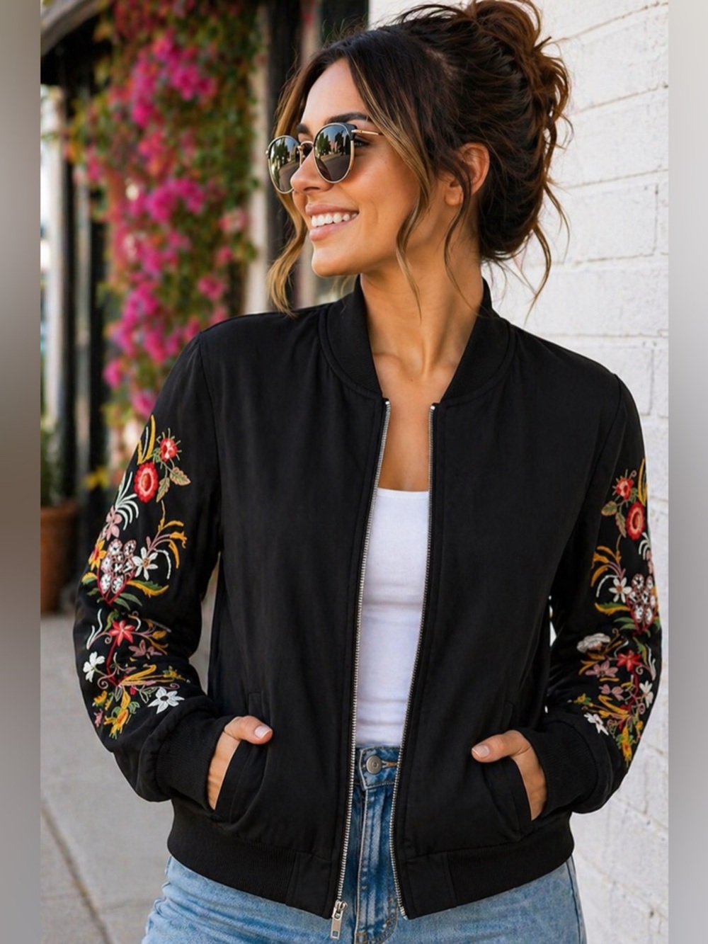 Du Jour Floral Embroidered Bomber Jacket Black Zip-Up XXS Stretch Statement